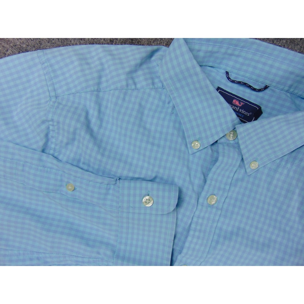Vineyard Vines Shirt‎ Mens Med Classic Fit Light Blue Gingham Check Stretch